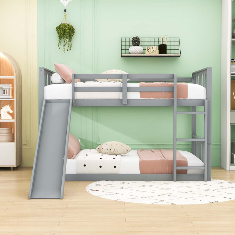 Euretta Twin Over Twin Bunk Bed,Wood Bunk Bed with Slide and Ladder, Gray