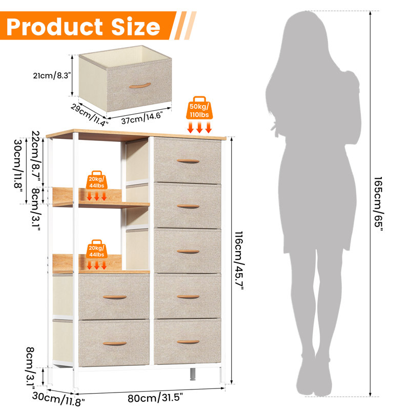 Metal 30cm W 7 - Drawer Chest of Drawers, Beige
