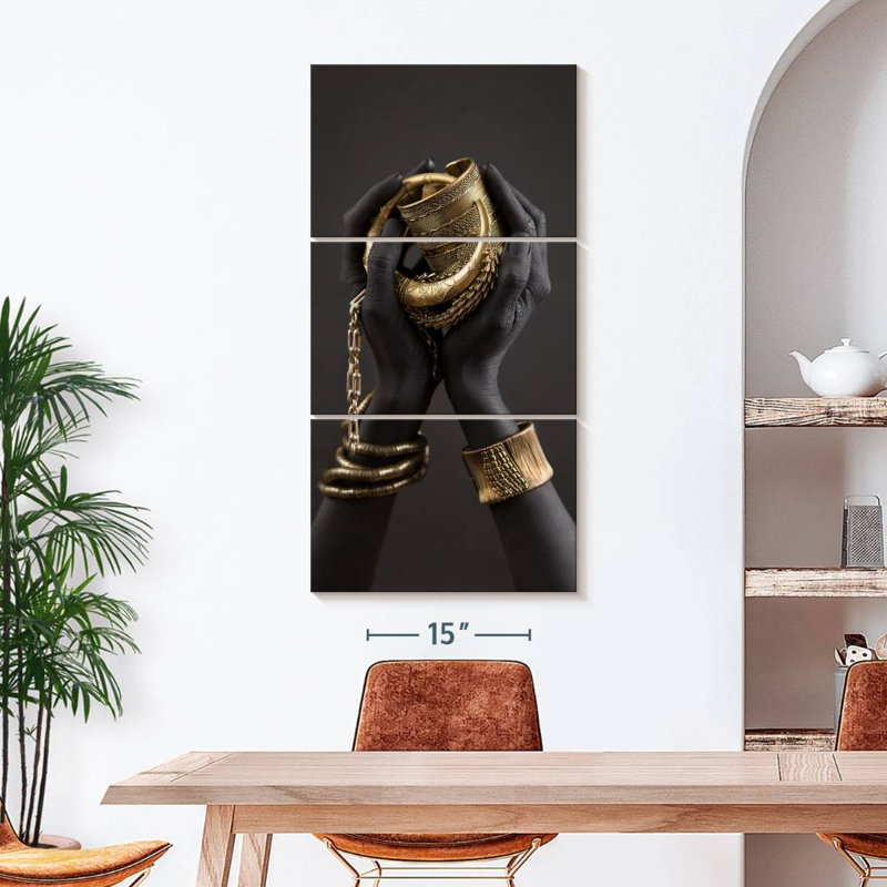 People, femme africaine, mains dorées sur toile, ensemble de 3 pièces, H 27 po x l 12 po x P 1 po