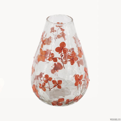 D4.9 "x7.1" Vase rond en verre transparent avec motif de fleur rouge fantaisiste, vase de table décoratif