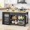Armoire à café en bois massif avec espace réfrigérateur et prises de courant, armoire à vin avec 2 tiroirs de style maison de campagne, noir
