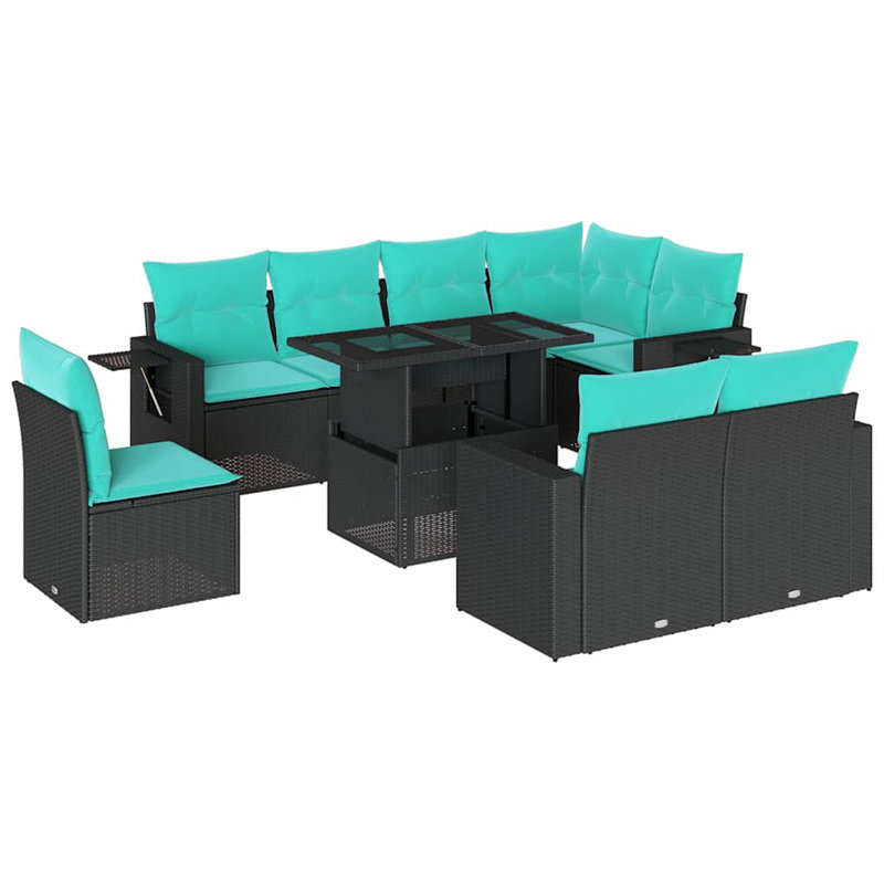 Ensemble de canapé de patio 9 pièces avec coussins en rotin de polyester, Bleu clair, Noir