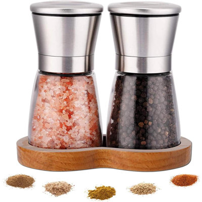 Salt And Pepper Grinder Set With Wooden Standing Tray Refillable Pepper Mill Set  Brushed Stainless Steel  Short Glass Shakers With Adjustable Coarseness For Peppercorn Salt Or Spice Mills