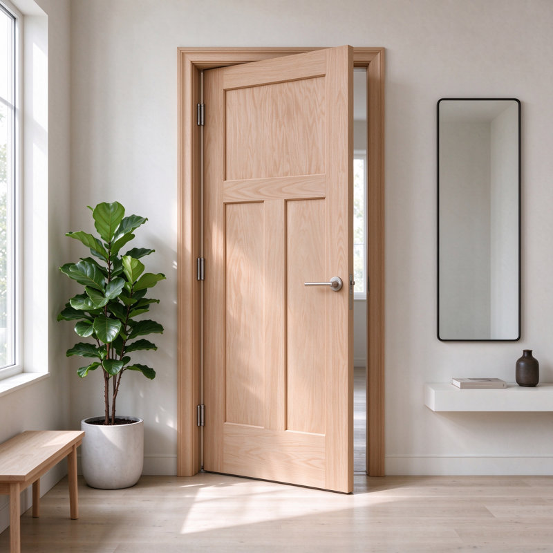 Ensemble de porte intérieure en chêne rouge moderne à 3 panneaux avec cadre, 30 po x 80 po, Charnière en nickel satiné, Oui