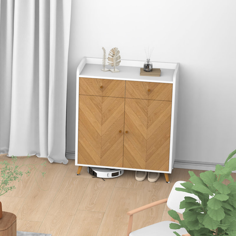 Range-chaussures, range-chaussures à 4 niveaux avec 2 tiroirs, range-chaussures autoportant à chevrons avec 2 portes et tablettes réglables pour le vestibule