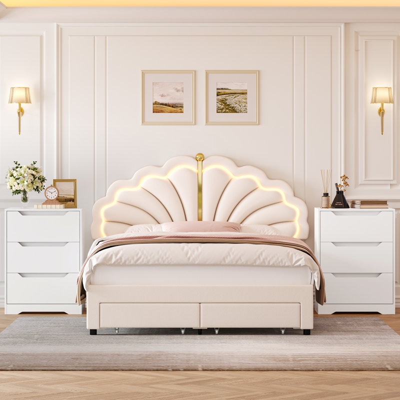 Ensemble de chambre à coucher 3 pièces, lit tapissier à DEL, cadre de lit princesse avec tiroirs, Blanc cassé, Double