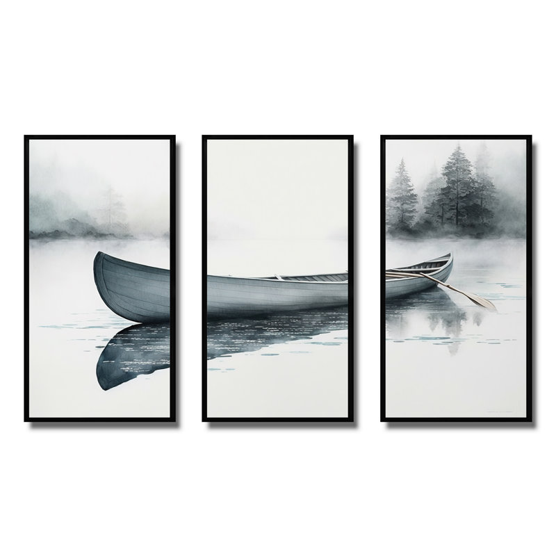 «Domeniga Canoe On The Lake II», reproduction sur toile 3 pièces, Cadre noir, H 32 po x l 48 po