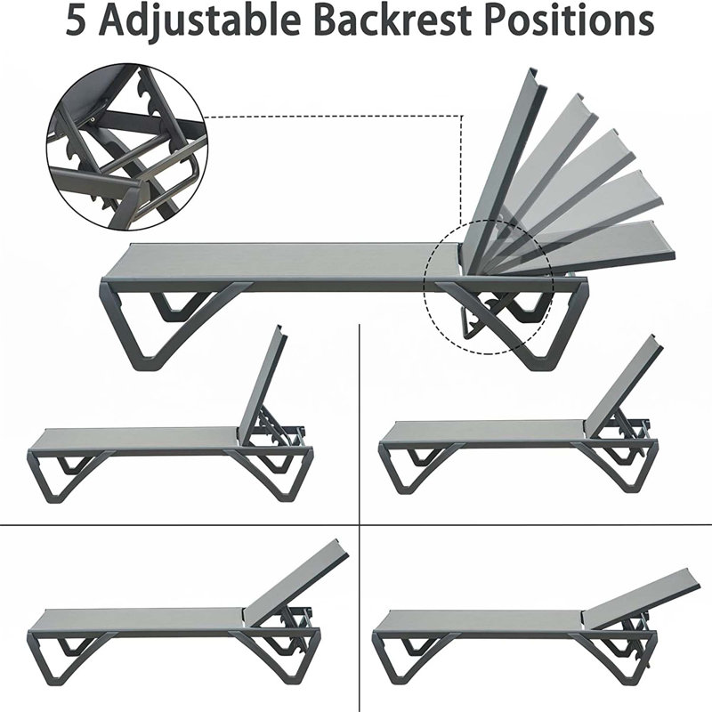 Outdoor Lounge Chair, 2 Pieces Aluminum Plastic Patio Chaise Lounge With 5 Position Adjustable Backrest, Gray