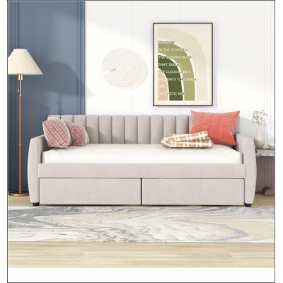 Upholstered Daybed With Drawers, Wood Slat Support