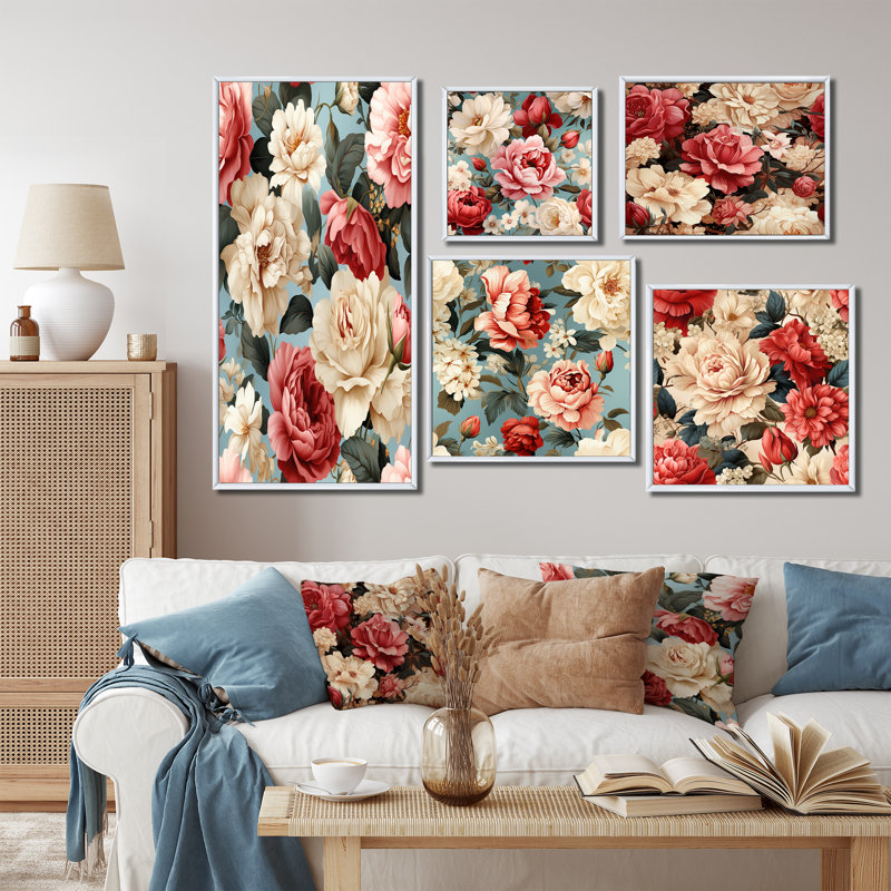 Motif floral rétro rose et bleu - ensemble de 5 reproductions d'art sur toile florales, Cadre flottant blanc