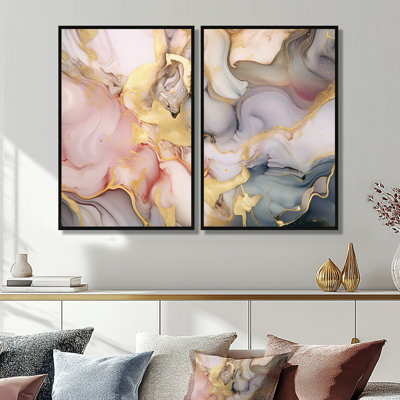 Grey And Pink Tender Liquid Ink Art I - Green Modern Wall Decor