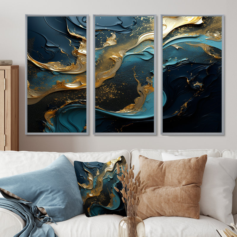 Ensemble de salon art mural liquide or turquoise et encre liquide, H 40 po x l 60 po x P 1 po, Cadre argenté flottant