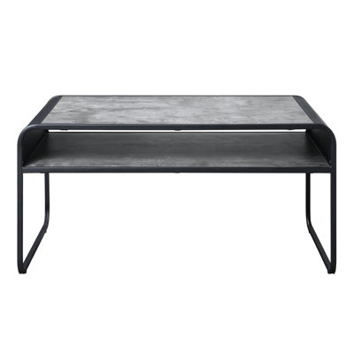 Modern Concrete Grey & Black Coffee Table With Shelf And Metal Base For Living Area Elegant Extra Storage Stable