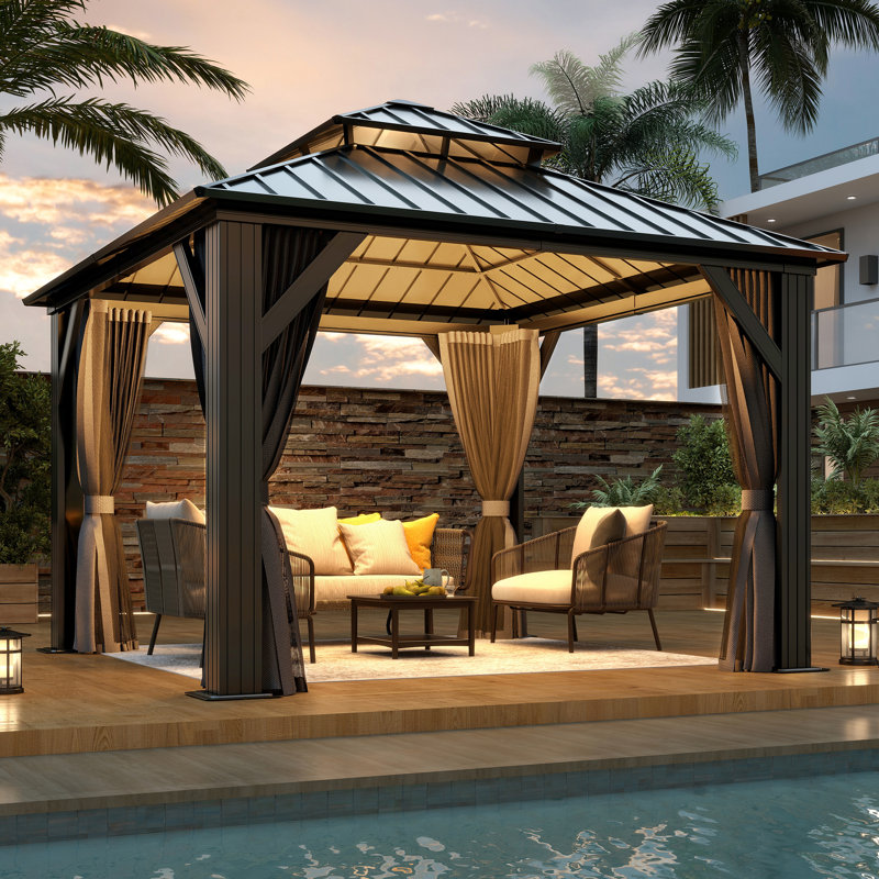 10 ft x 10 ft Black Aluminum Frame Gazebo with Curtains and Netting