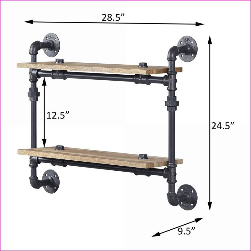 Tablette murale industrielle à 2 niveaux | Chêne & amp; Bois noir sableux + métal | H 24,5 po x l 28,5 po x P 9,5 po | Ouvert