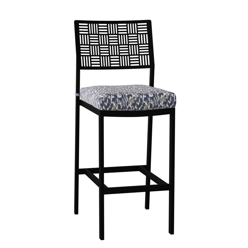 New Century Outdoor Bar Stool, Textured Black, Spectrum Denim Sunbrella® Plainweave