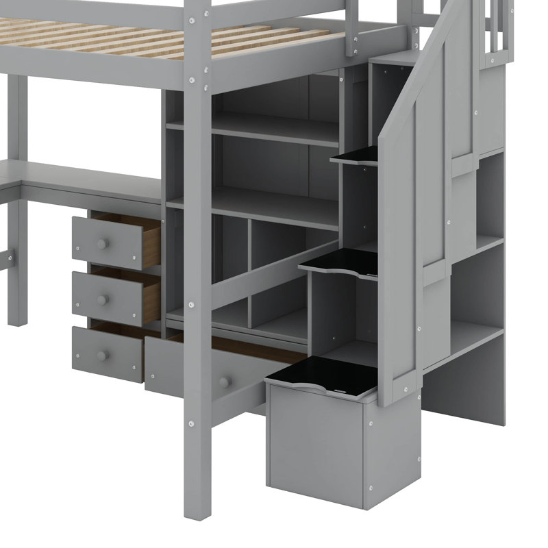 Lit mezzanine double avec bureau et tiroirs, Gris