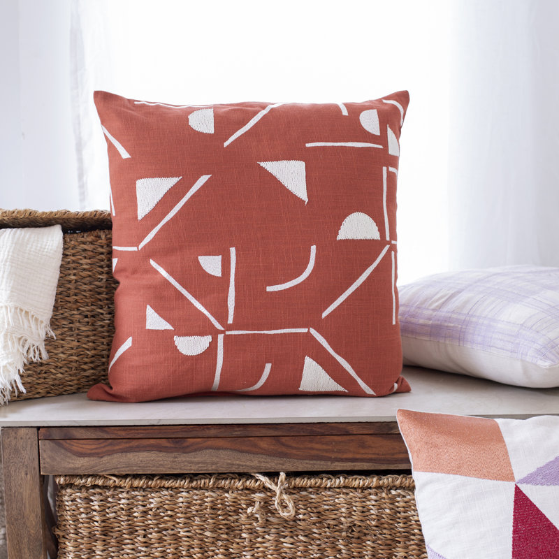 Orange and Ivory Geometric Embroidered Cotton Blend Throw Pillow