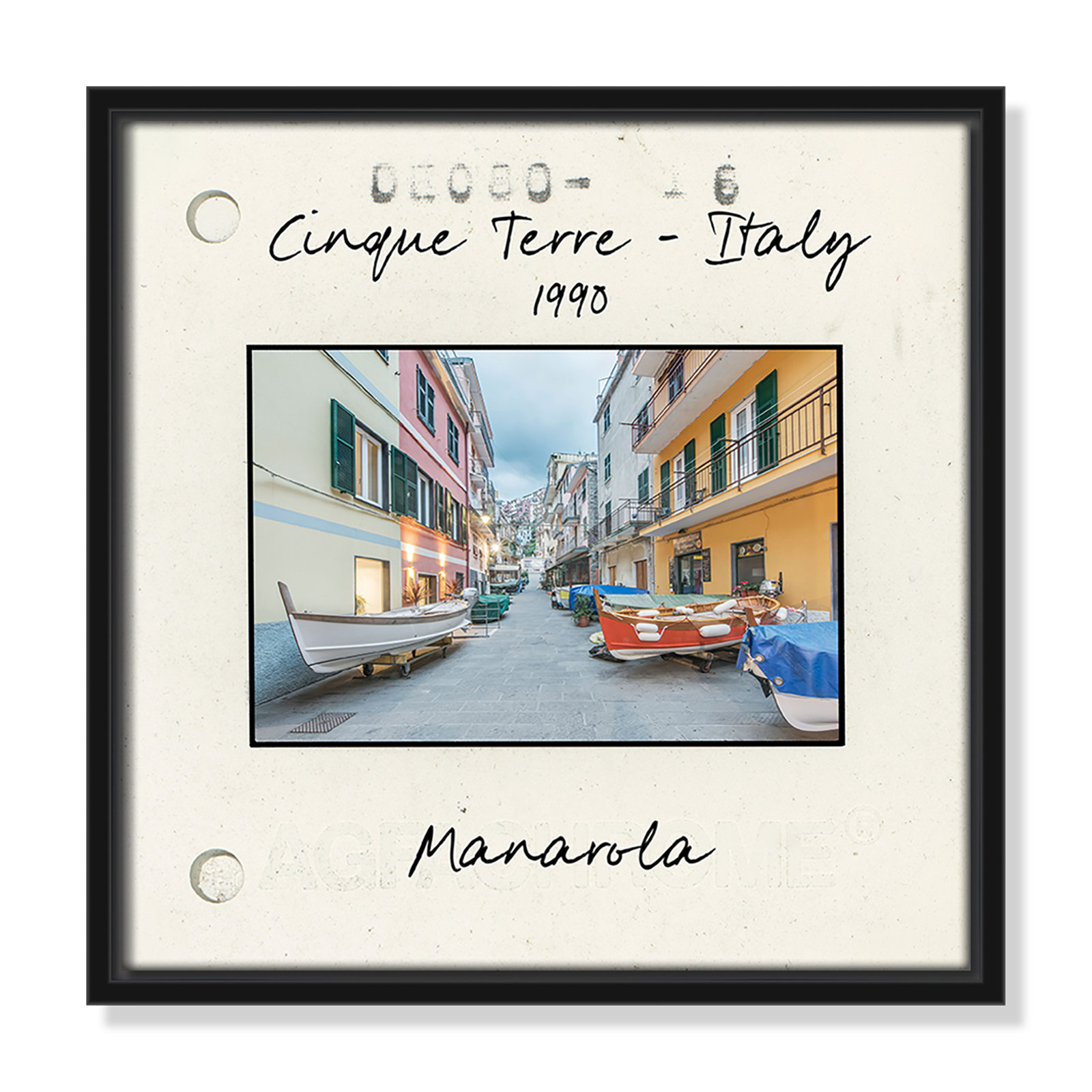 Travel Slide Collection "Cinque Terre - Manarola" Print, 13.5" H x 13.5" W x 2" D, Black Floater Framed Canvas