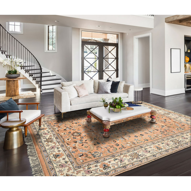 Tapis floral pêche en laine noué à la main 6 pi x 8 pi 8 po