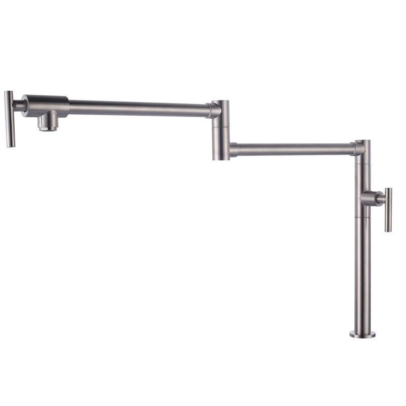 Deck Mounted Brass Pot Filler Kitchen Faucet with Double Handle and Joint Swing Arm, Brushed Nickel