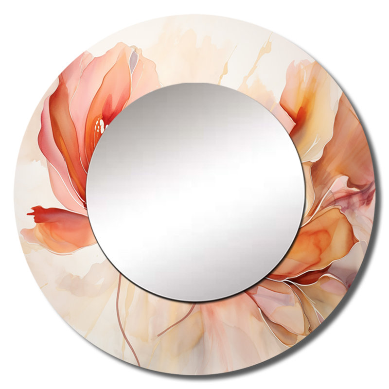 Raeah Peach Petal Dance - Botanicals Wall Mirror, Peach Round Decorative Mirror, Printed Metal Art, 23" x 23"