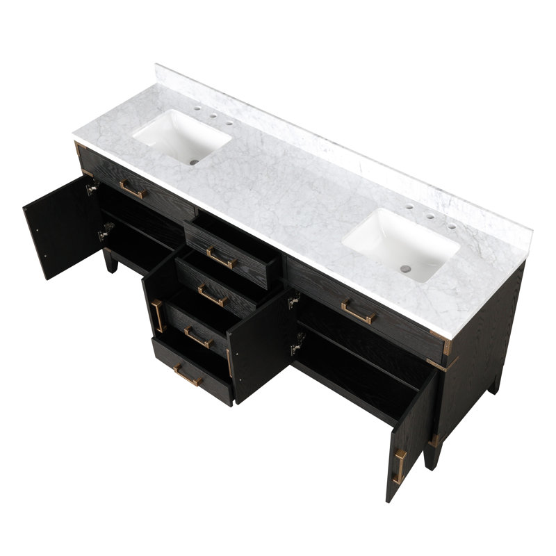 Laurel 80 in W x 22 in D  Double Bath Vanity Top, White Carrara Marble, Black Oak