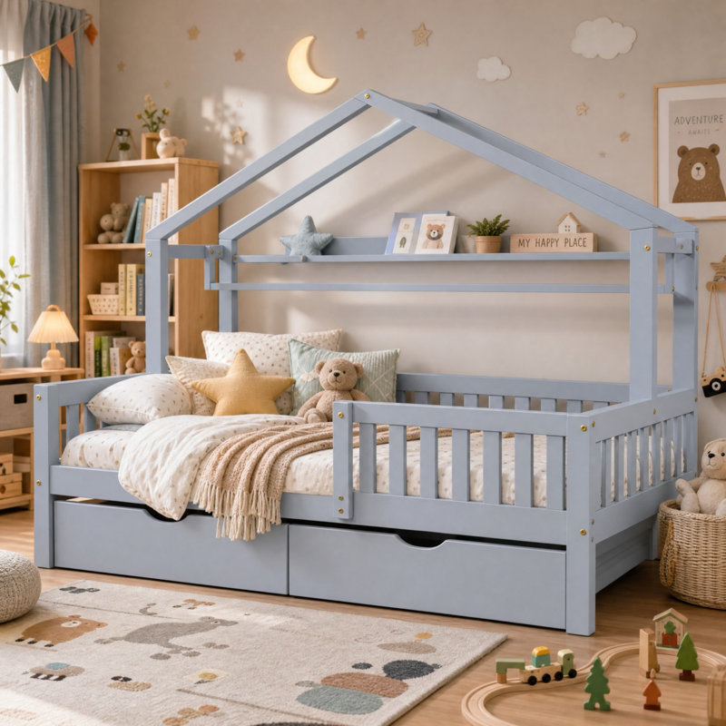 Cadre de lit double pour enfants avec tiroirs de rangement et garde-corps latéraux, Grey, Lit double