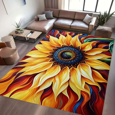 Tapis hippie tournesol, tapis floral abstrait, tapis tournesol multicolore lumineux, tapis antidérapant et facile à nettoyer pour entrée, salon, salle de bain, tapis tournesol jaune, 2 m × 3 m