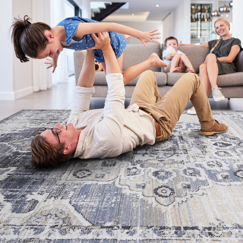 Tapis médaillon crème / bleu 8 x 10, sans perte de teinture, décore le salon, la chambre à coucher, la salle à manger, les bureaux et les métiers à tisser
