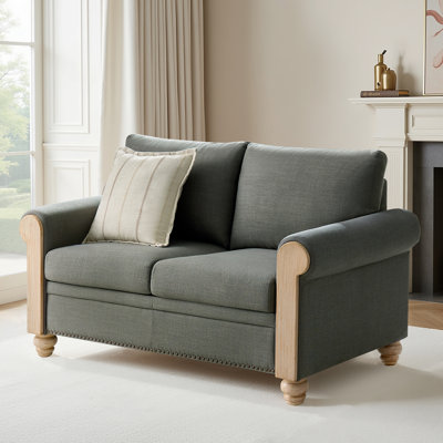 Terren 59" Farmhouse Linen Fabric Loveseat with Rolled Arm and Solid Wood Spindle Legs