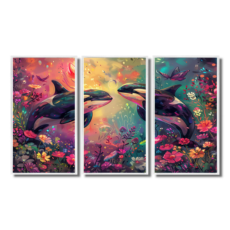 Alyviah - Ensemble de décoration murale baleine, Toile encadrée flottée blanche, H 40 po x l 60 po x P 1 po