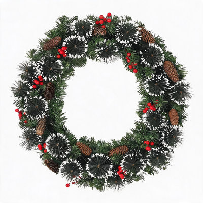 Couronne de Noël artificielle en pin pré-illuminée avec lumières DEL - Flocon de neige, baies rouges, pommes de pin, noeud rouge, décorations rouges et dorées - Décoration de Noël intérieure/extérieure pour porte d'entrée et foyer