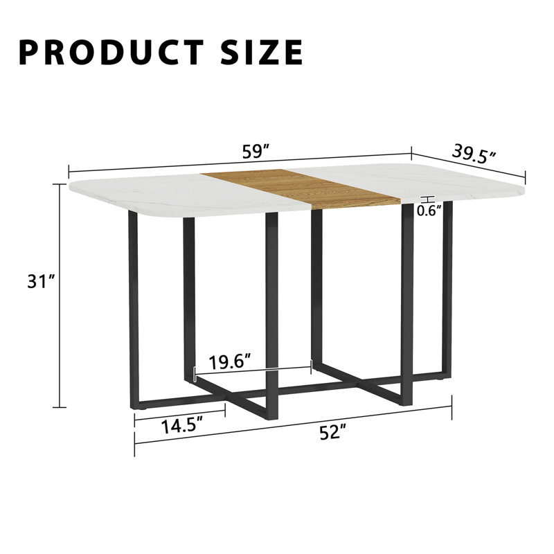 Table de salle à manger moderne 4-6 places - Plateau en faux marbre et grain de bois avec structure en métal noir robuste pour la cuisine et la salle à manger