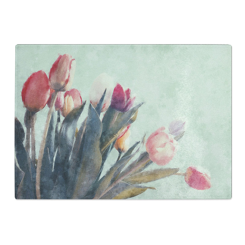Tempered Glass Bunch of Pink Tulips Chopping Board, 28.5 cm x 39 cm