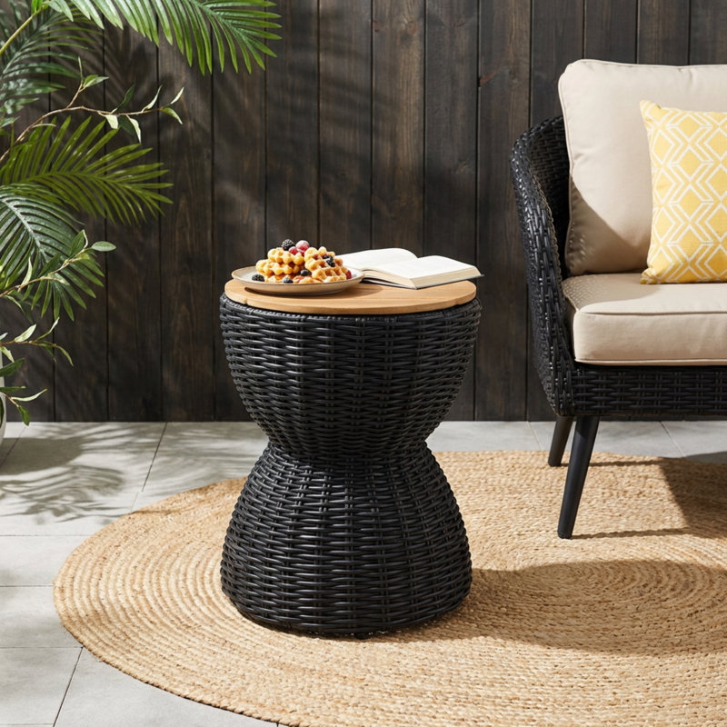 Modern Coastal 15.25" Acacia Wood & PE Wicker Hourglass Outdoor Side Table, Black Wicker