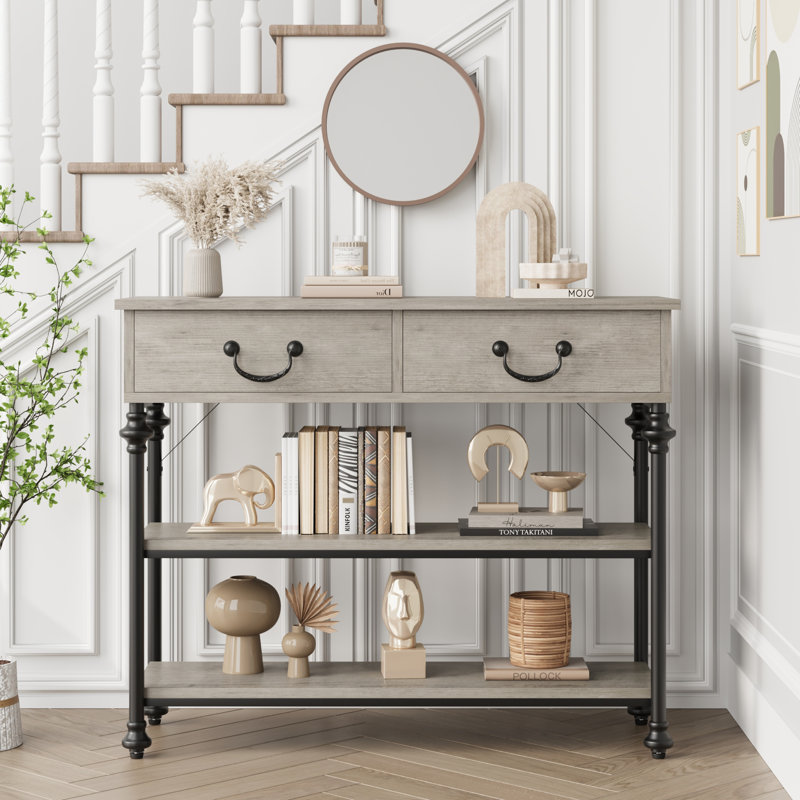 Console, table de vestibule à 2 tiroirs, table de canapé pour le vestibule, salon, Bois gris / noir