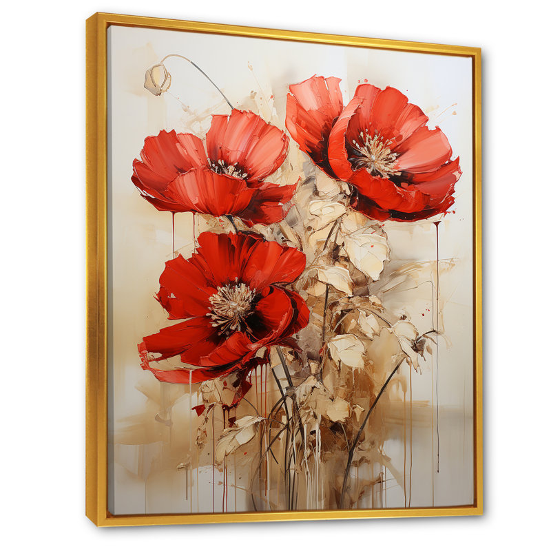 «Poppies Scarlet Solitude», reproduction d'art sur toile, Cadre flottant doré, H 20 po x l 12 po x P 1 po