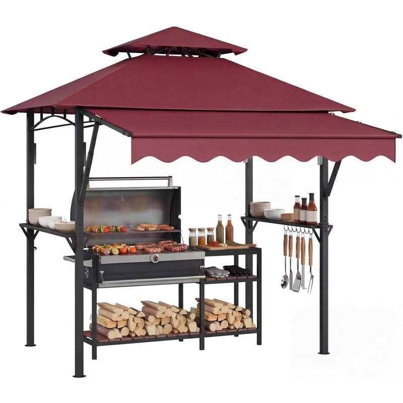 8x5 ft Grill Gazebo with Extra Large 7x3 ft Awning, 2-Tier BBQ Gazebo with Shelves, Hooks & LED Lights, Metal Frame Outdoor Grill Canopy for Backyard Garden Poolside
