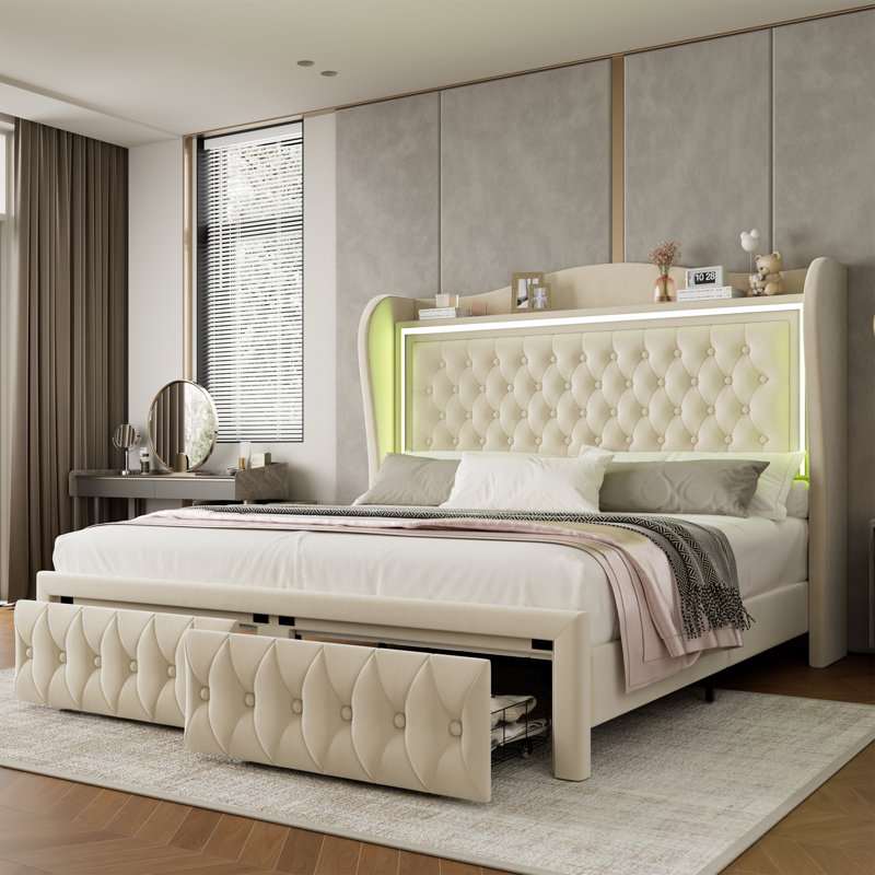 Kaliya Velvet Upholstered Wingback Bed with LED Lights
