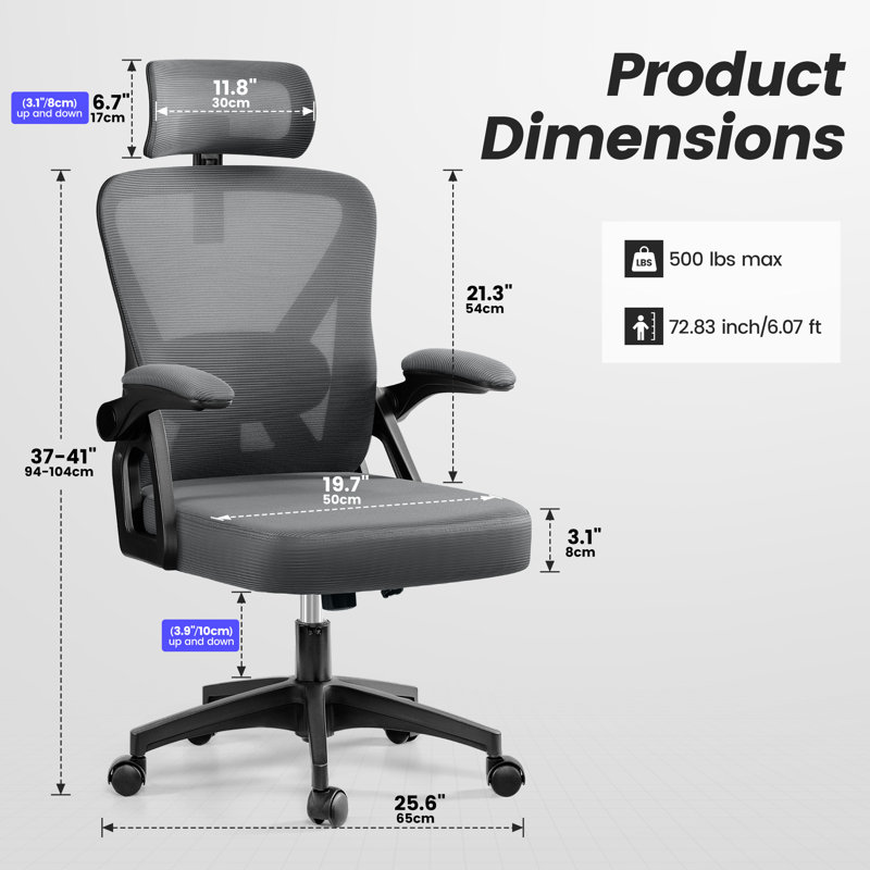 Chaise de bureau ergonomique en filet avec appui-tête réglable en 3D, accoudoirs rabattables, soutien lombaire et dossier inclinable