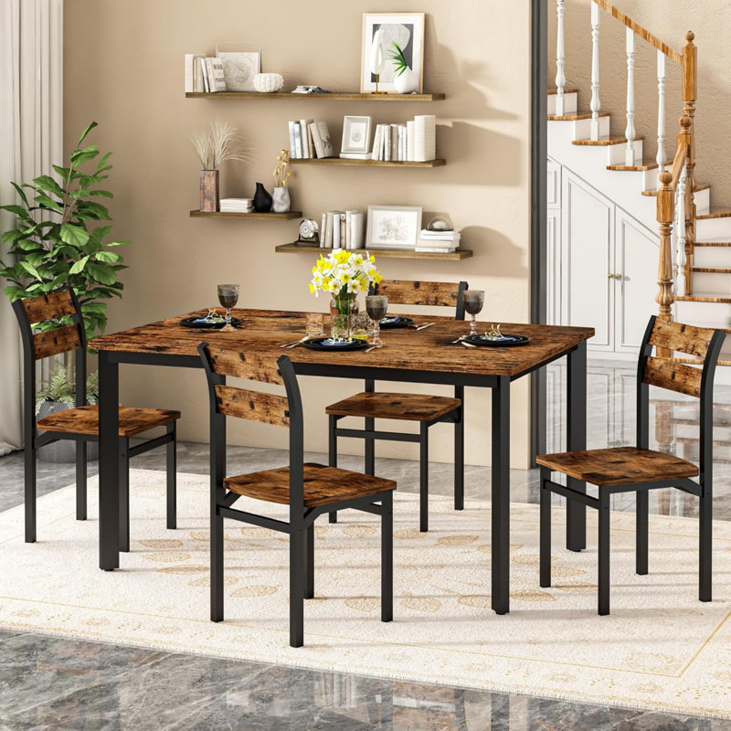 5-Piece Kitchen Table Chairs Set, Dining Table Set For 4, Rectangle Dining Room Table Set With Four Chairs And Wooden Table Top, Dining Table Set With Backrest For Small Spaces, Dining Or Living Room