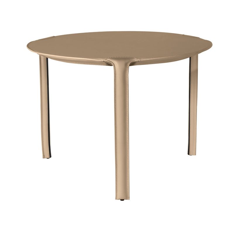 Taupe Round Genuine Italian Leather and Metal End Table
