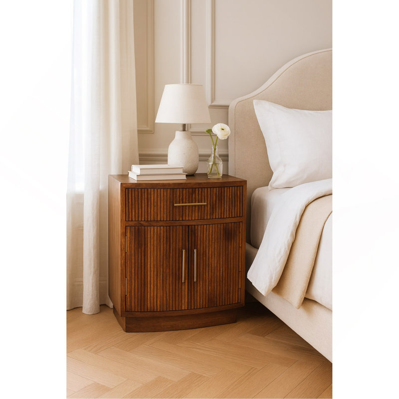 Table de chevet nervurée courbée en bois massif avec tiroir, brun, 1 porte, Brun