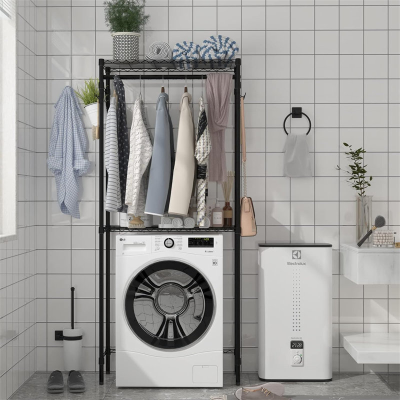 Washer And Dryer Storage Shelf - 2-Tier Adjustable With Hooks