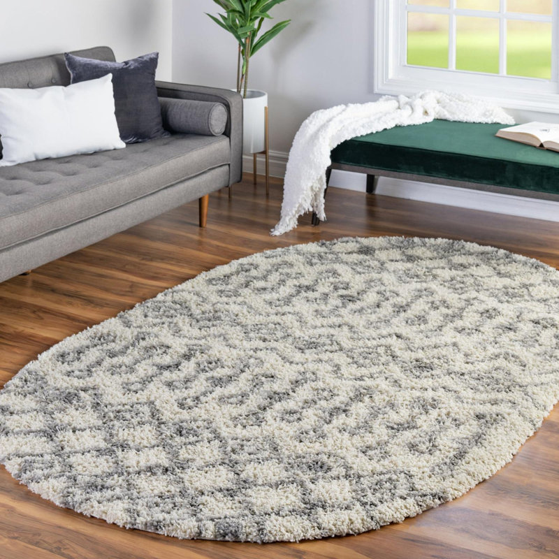 Tapis à poil long gris treillis Griego, Ovale 7 pi 10 po x 10 pi