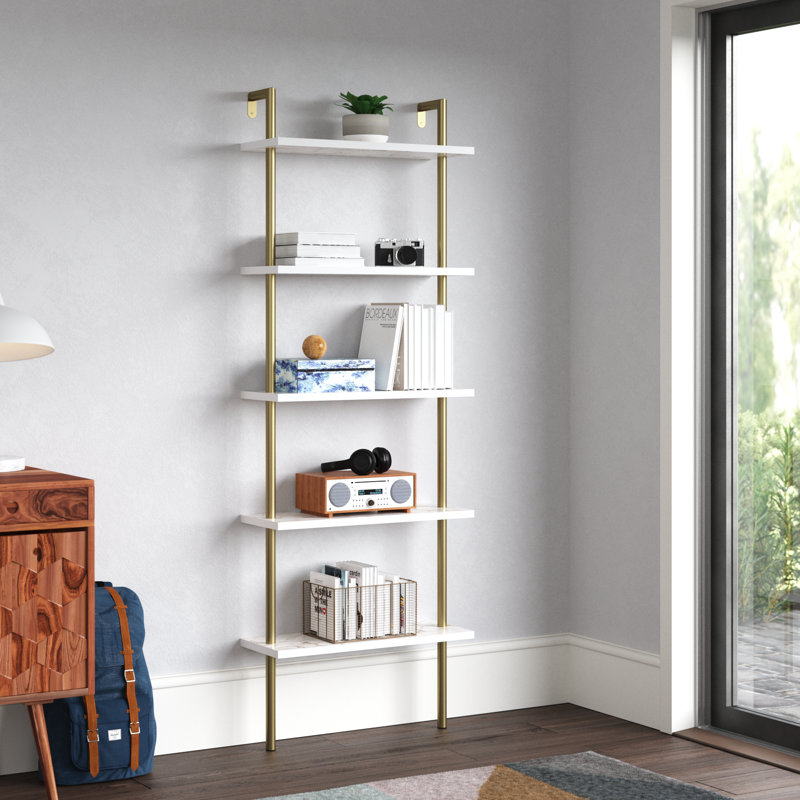 Iker 174cm H x 60cm W Stainless Steel Ladder Bookcase, Gold/White