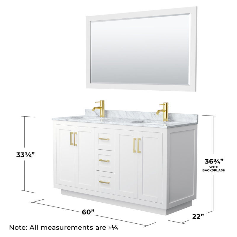 Meuble-lavabo double autoportant 60 po avec plateau en marbre Miranda, Blanc, Or brossé