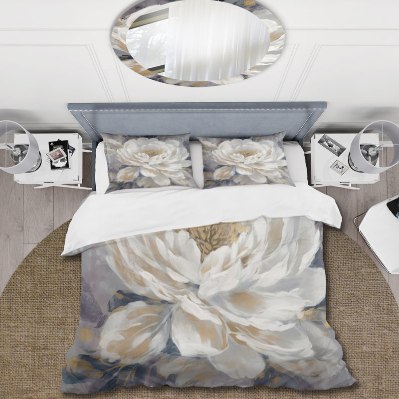 Ensemble de housse de couette Emotion Of White Gold Peony Flower I Bedding, Housse de couette pour grand lit et 2 taies décor