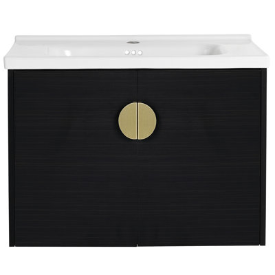 Bathroom Vanity With 40 Inch Ceramic Basin, Soft Close Doors, Black Chestnut, Mounted On Wall Sink, Doors